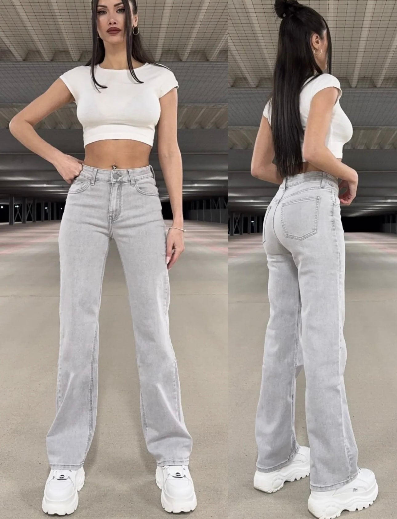 Jeanshose Wide Leg Grau