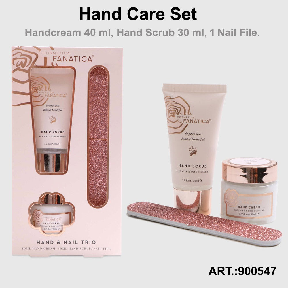 Hand Care 3er Set Rose Handcreme Hand Scrub Nagelfeile mit Rice Milk