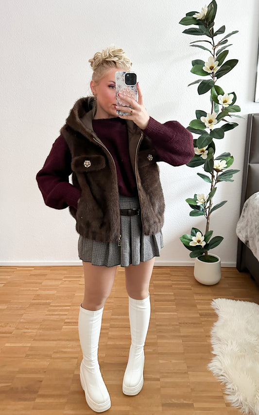 Weste Fell mit Kapuze und Strass in Schoko braun weich Kunstfell