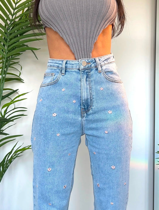 Jeanshose-Mom Blume Rosa