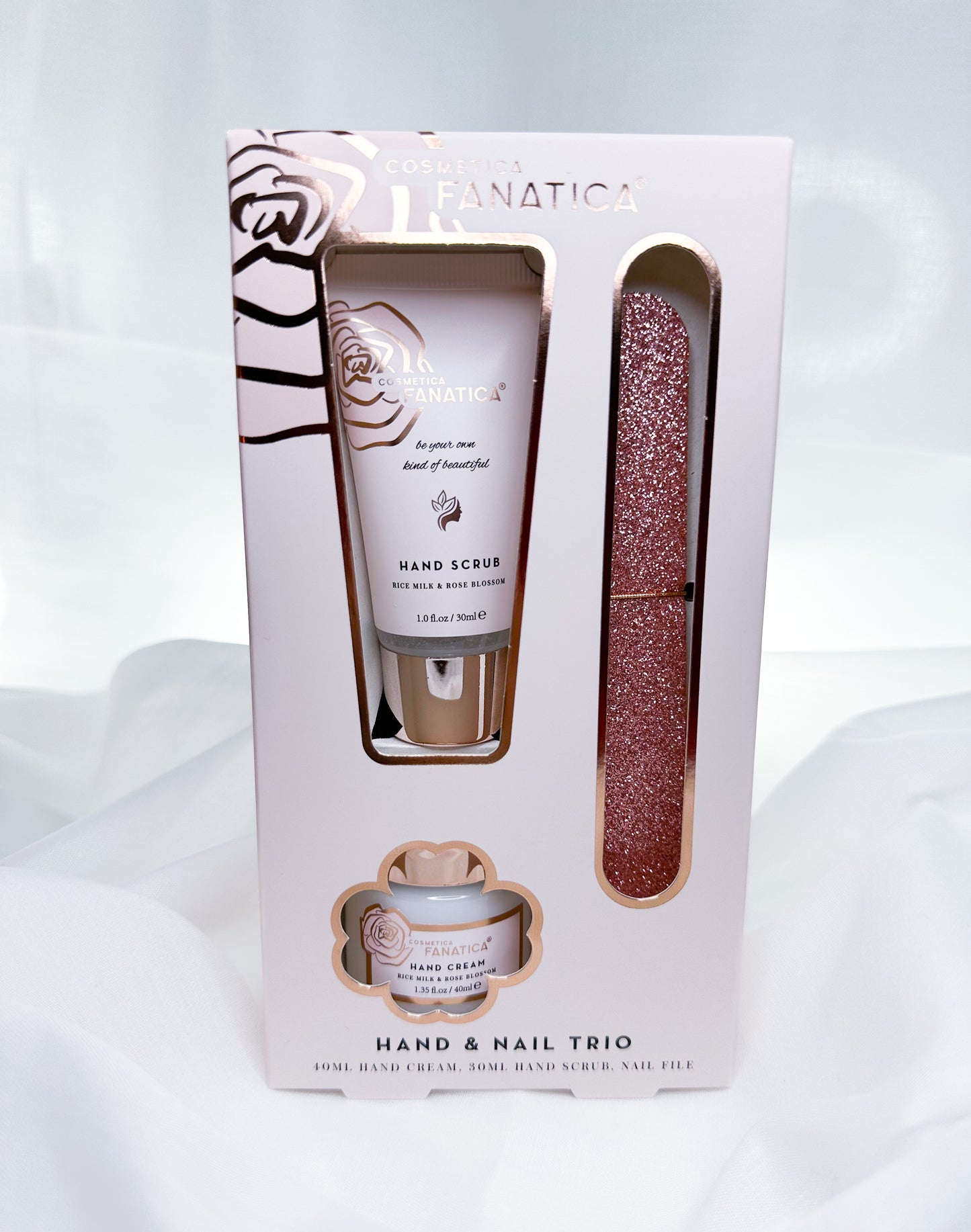 Hand Care 3er Set Rose Handcreme Hand Scrub Nagelfeile mit Rice Milk