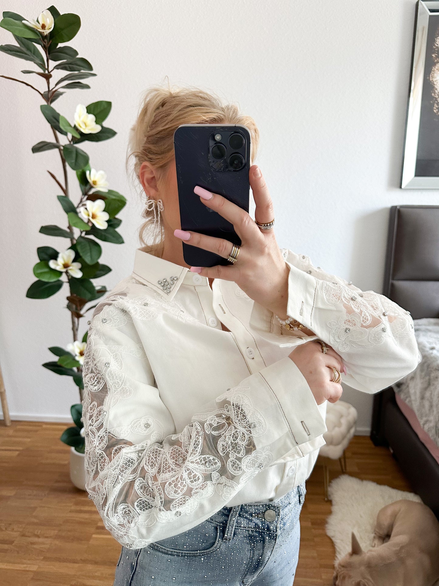 Jeansbluse mit Strass in 3 Farben