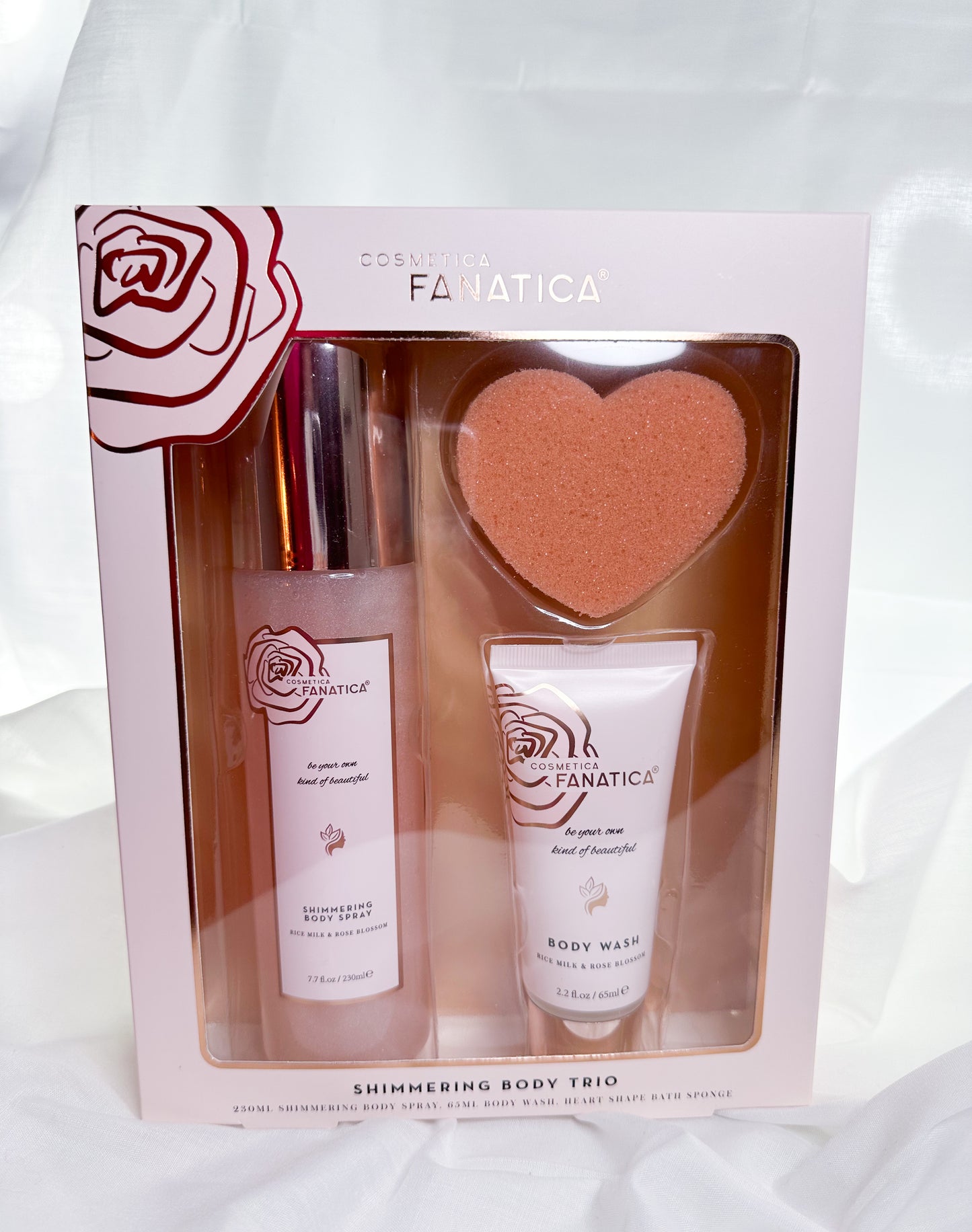 Body Care Set Rose Bodyspray Shimmer Showergel and Heart Sponge