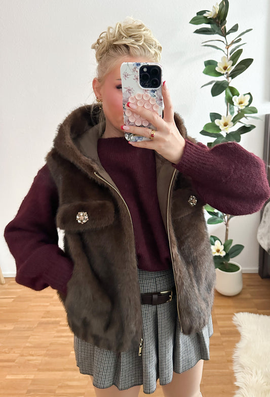 Weste Fell mit Kapuze und Strass in Schoko braun weich Kunstfell