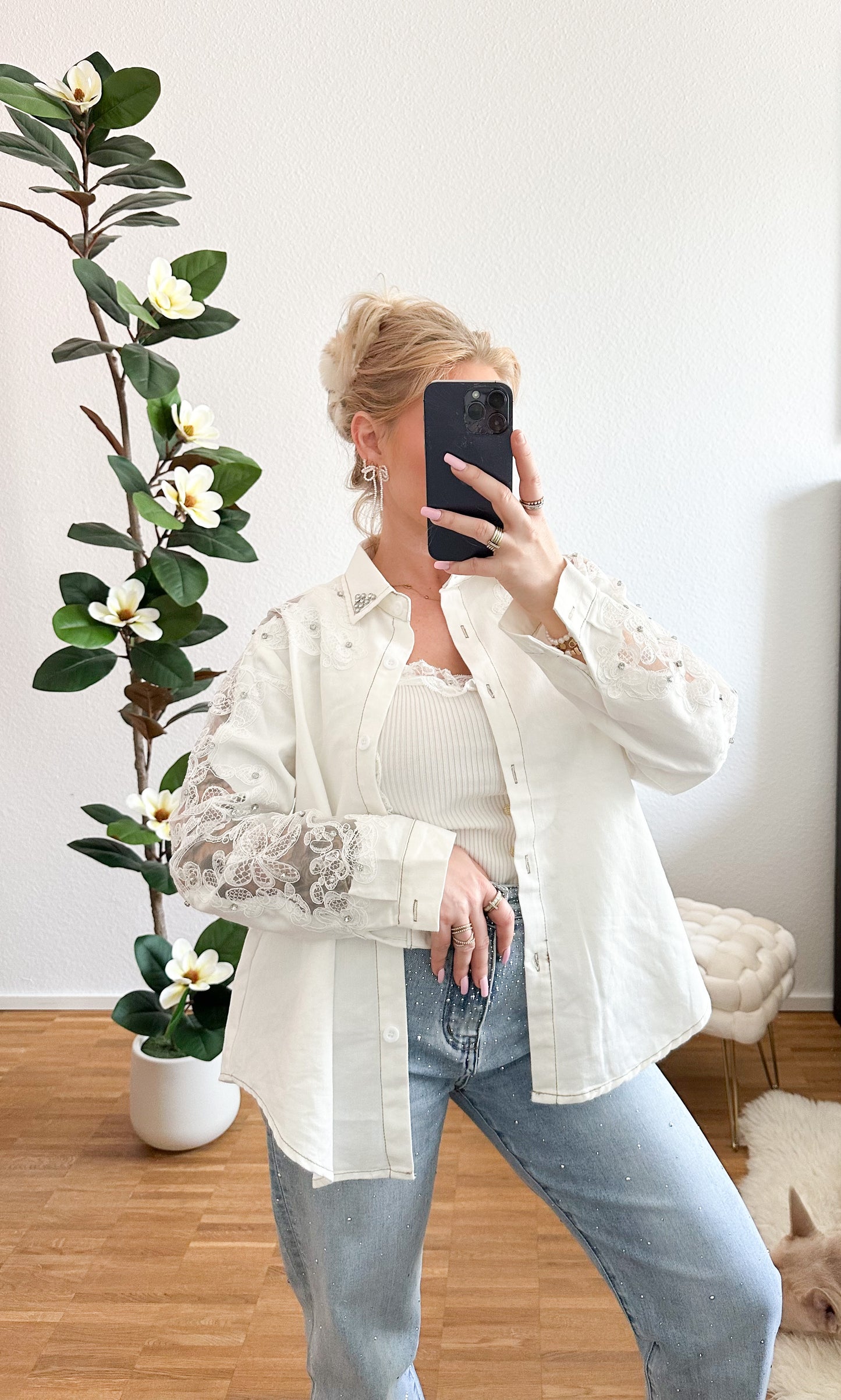 Jeansbluse mit Strass in 3 Farben