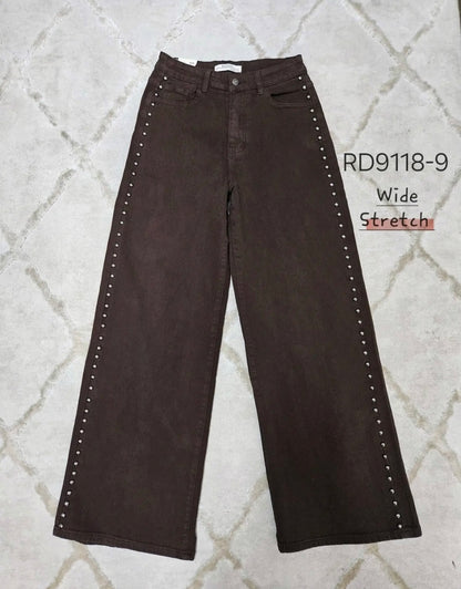 Jeanshose Wide leg stretch Nieten Braun