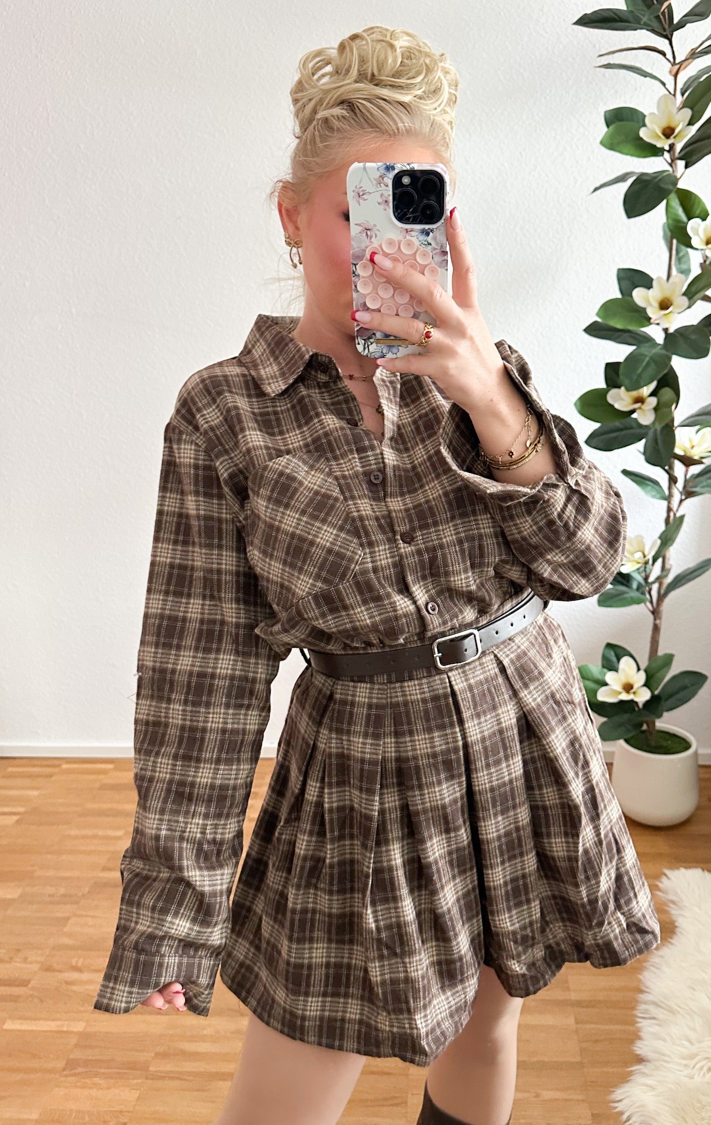 Hemdkleid Karo mit Gürtel in zwei Farben