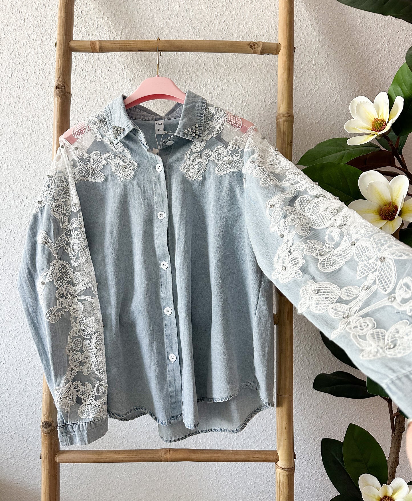 Jeansbluse mit Strass in 3 Farben