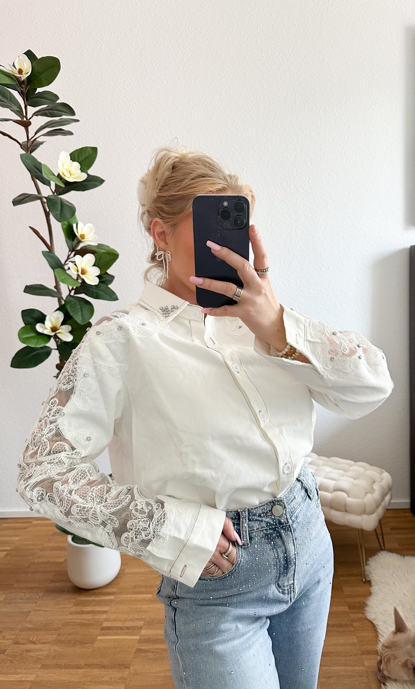 Jeansbluse mit Strass in 3 Farben