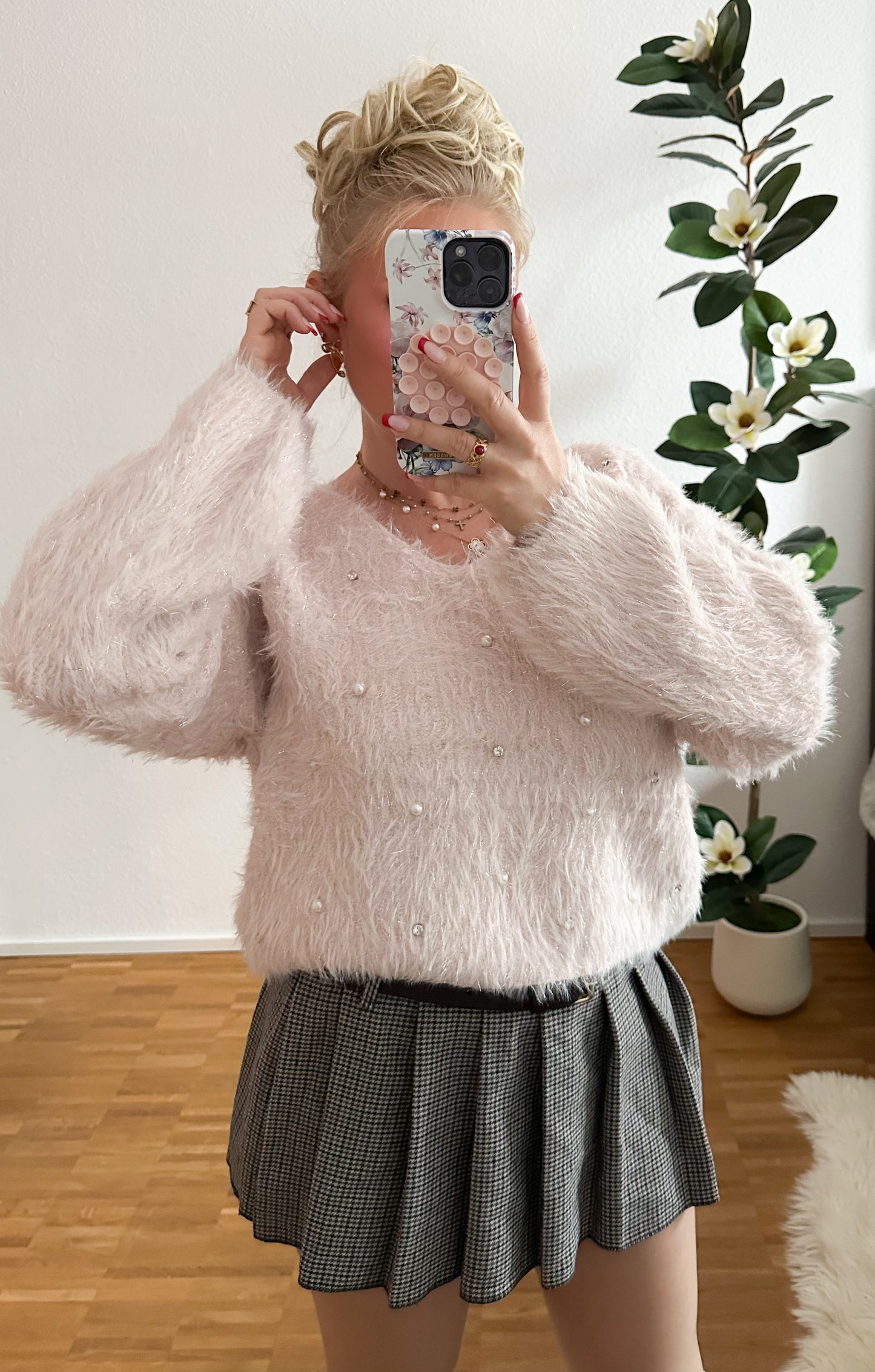 Pullover Teddy Glitzer mit Strass und Perlen in 2 Farben super kuschelig weich