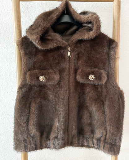 Weste Fell mit Kapuze und Strass in Schoko braun weich Kunstfell