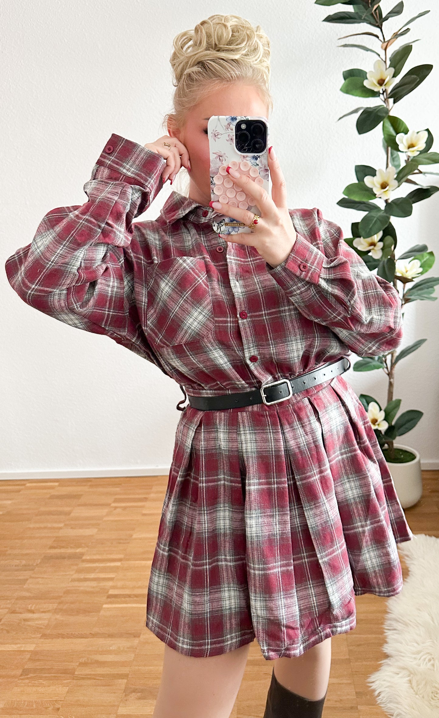 Hemdkleid Karo mit Gürtel in zwei Farben