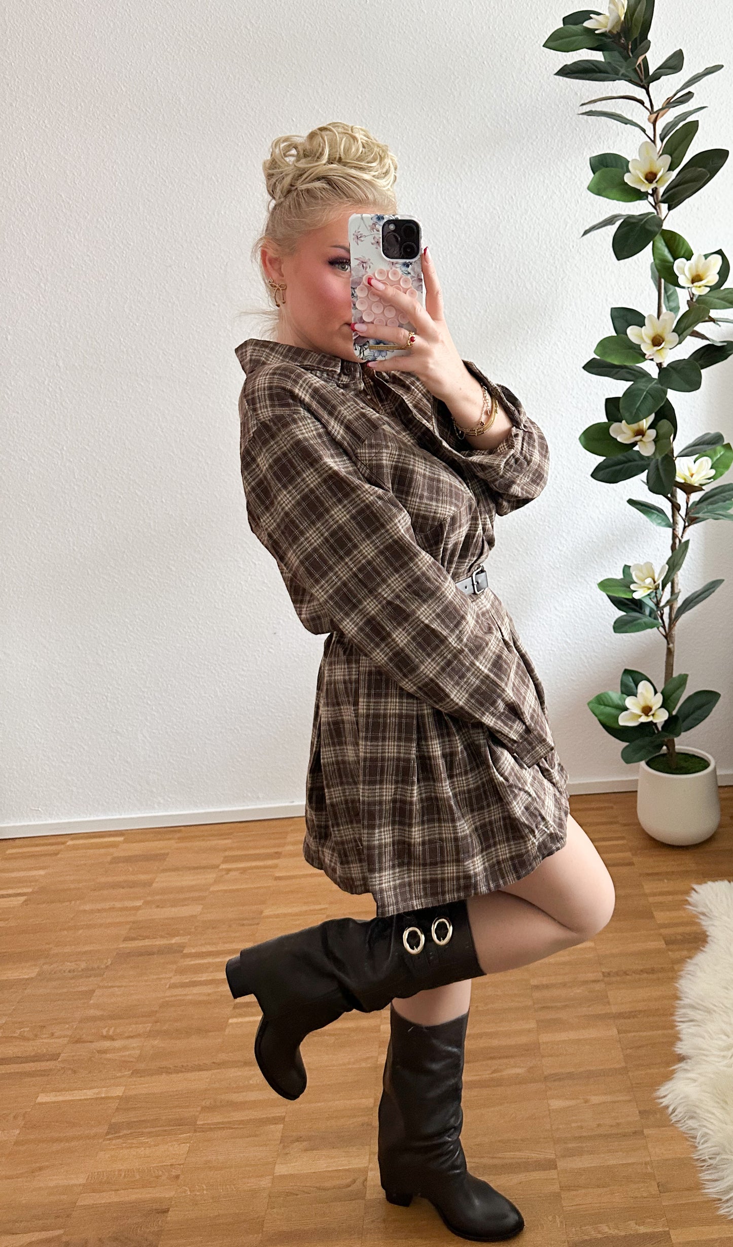 Hemdkleid Karo mit Gürtel in zwei Farben